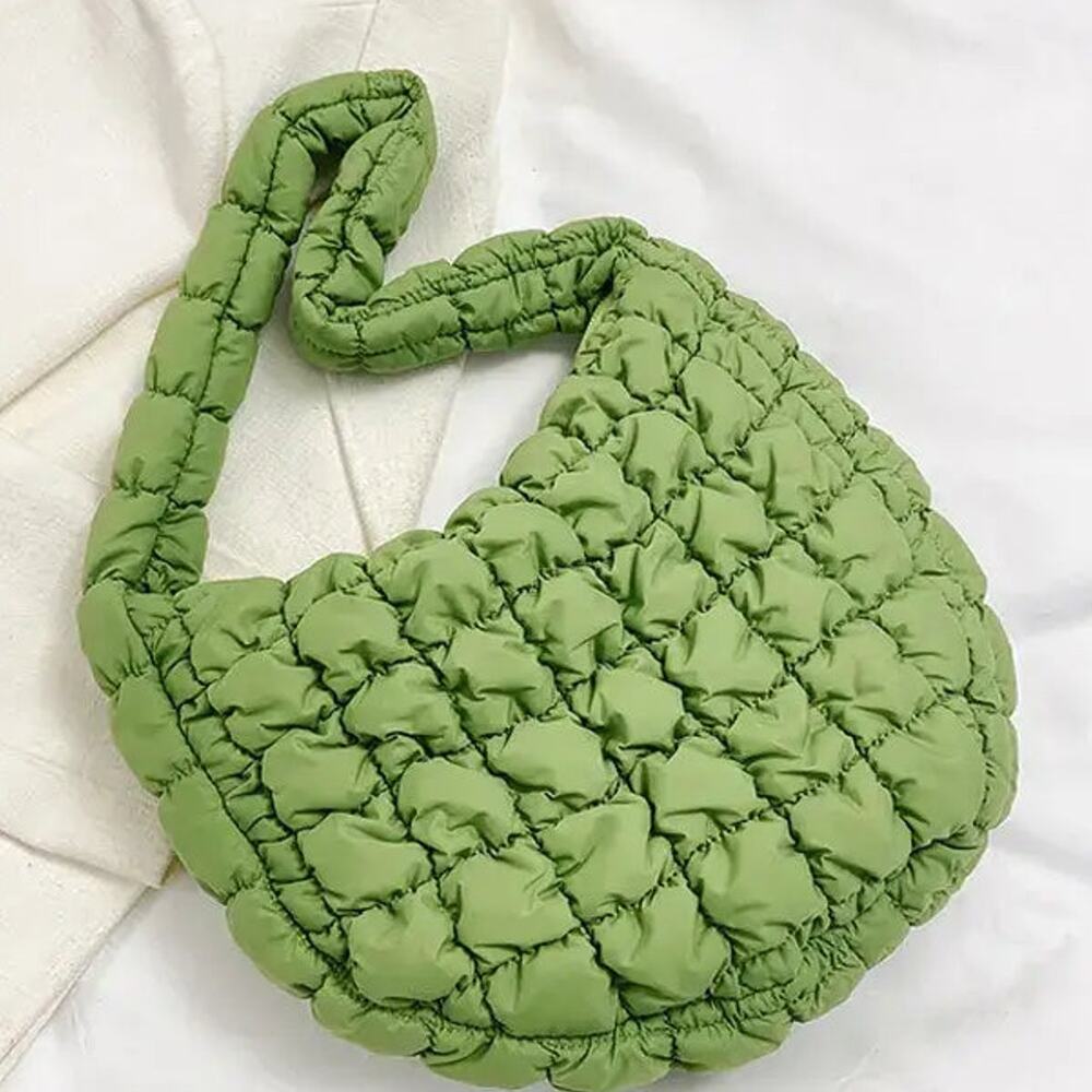 Nylon Puffer Solid Color Purse Tote Handbag Slouch Bag Green